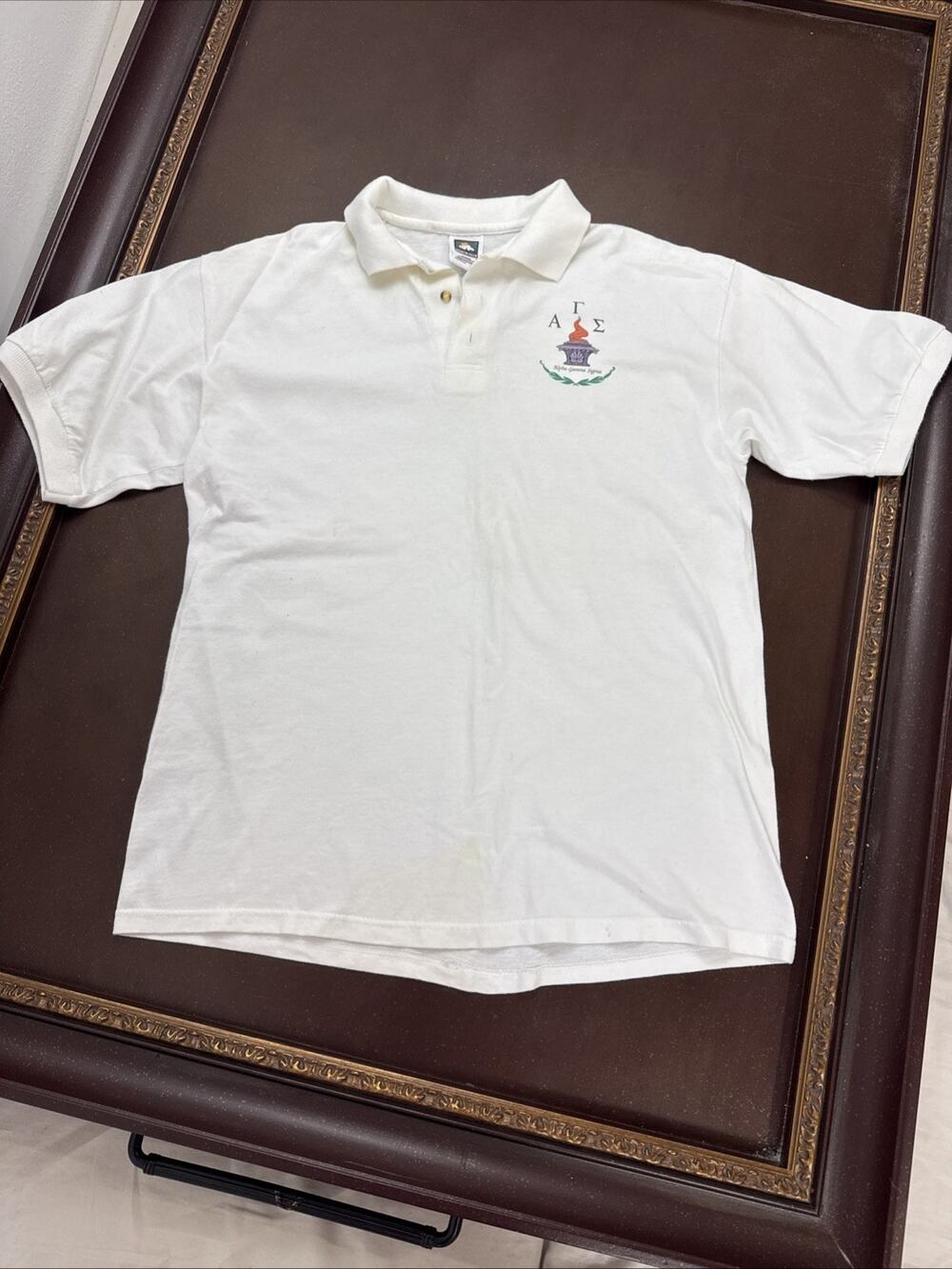 VTG 90s Alpha Gamma Sigma AGS Fraternity Polo Shirt L White Cotton Deluxe USA